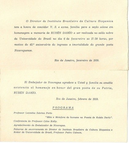 convite para palestra leonidas, como presidente insti cult his sobre mito e metáfora Ruben dario