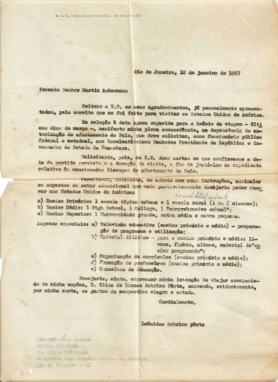 Carta do Professor Leônidas ao adido cultural dos Estados Unidos, 1967