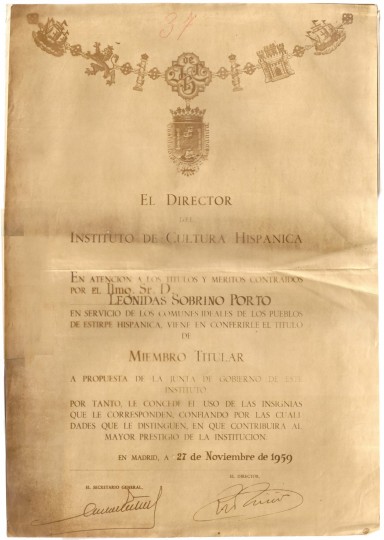 Nomeação de Leônidas como Membro Titular do Instituto de Cultura Hispânica, Madri, 27 de novembro 1959